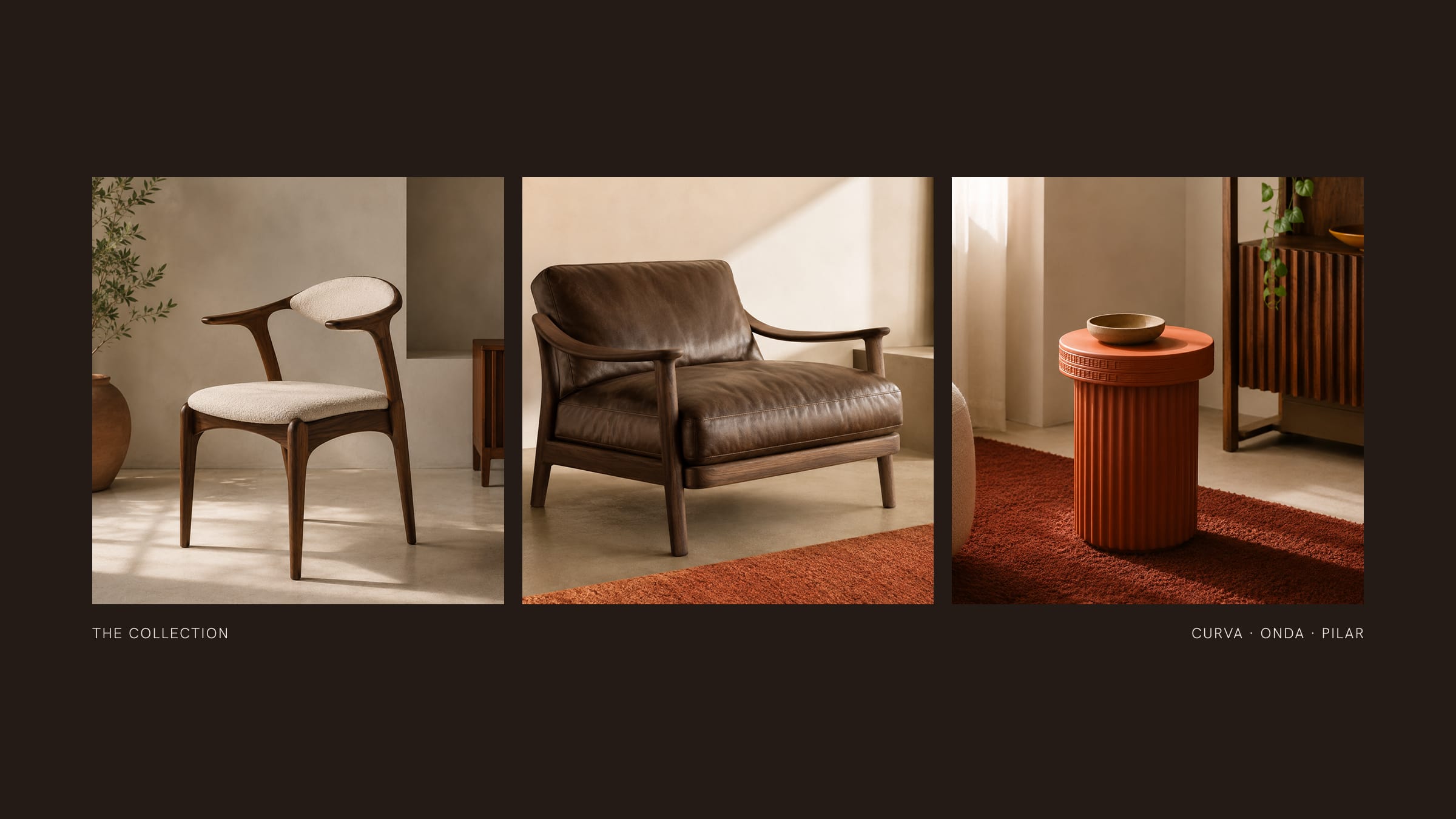Three Brasa pieces — a bouclé chair, a leather armchair and a terracotta side table.
