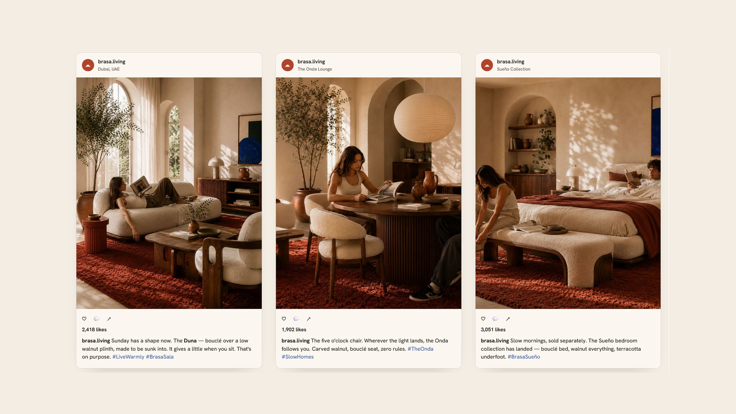 Three brasa.living Instagram posts showing furniture in lived-in rooms.