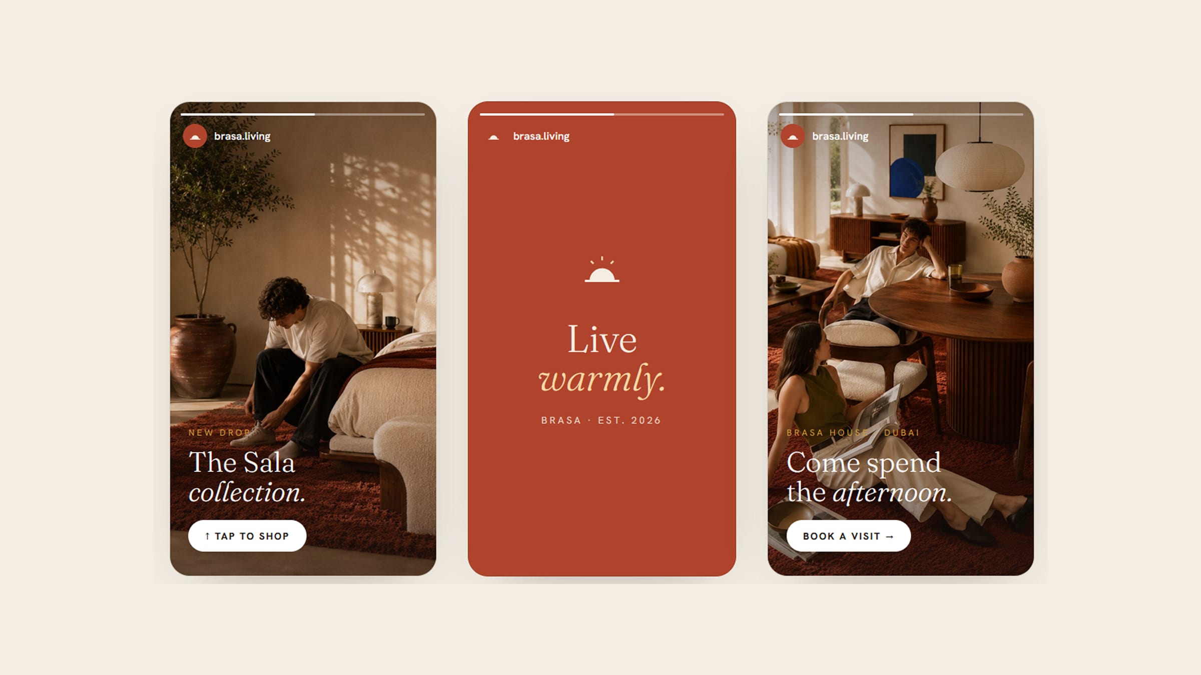 Brasa Instagram stories, including a Live warmly frame on Ember red.