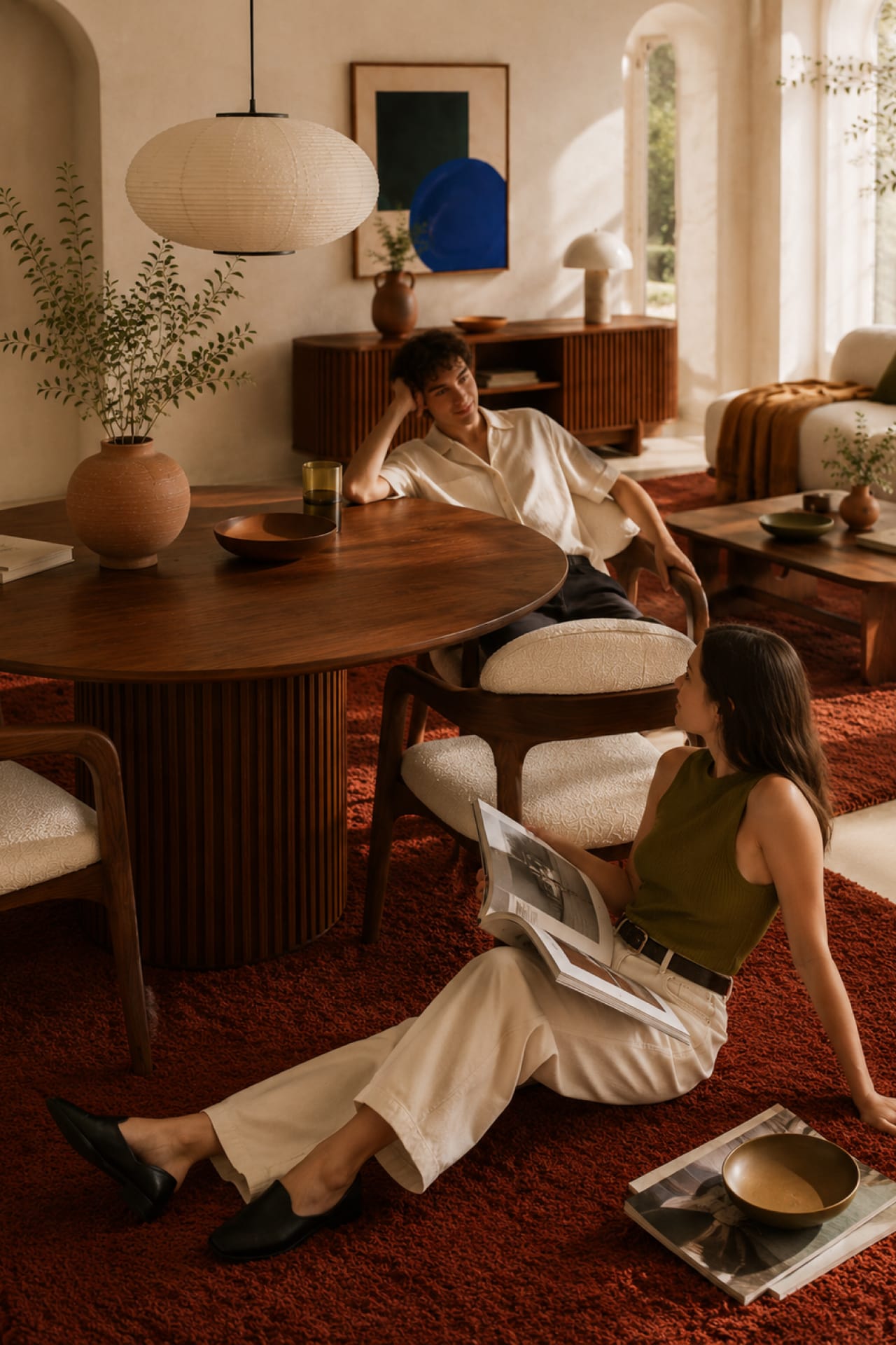 A couple lounging by a round walnut table on a terracotta rug.