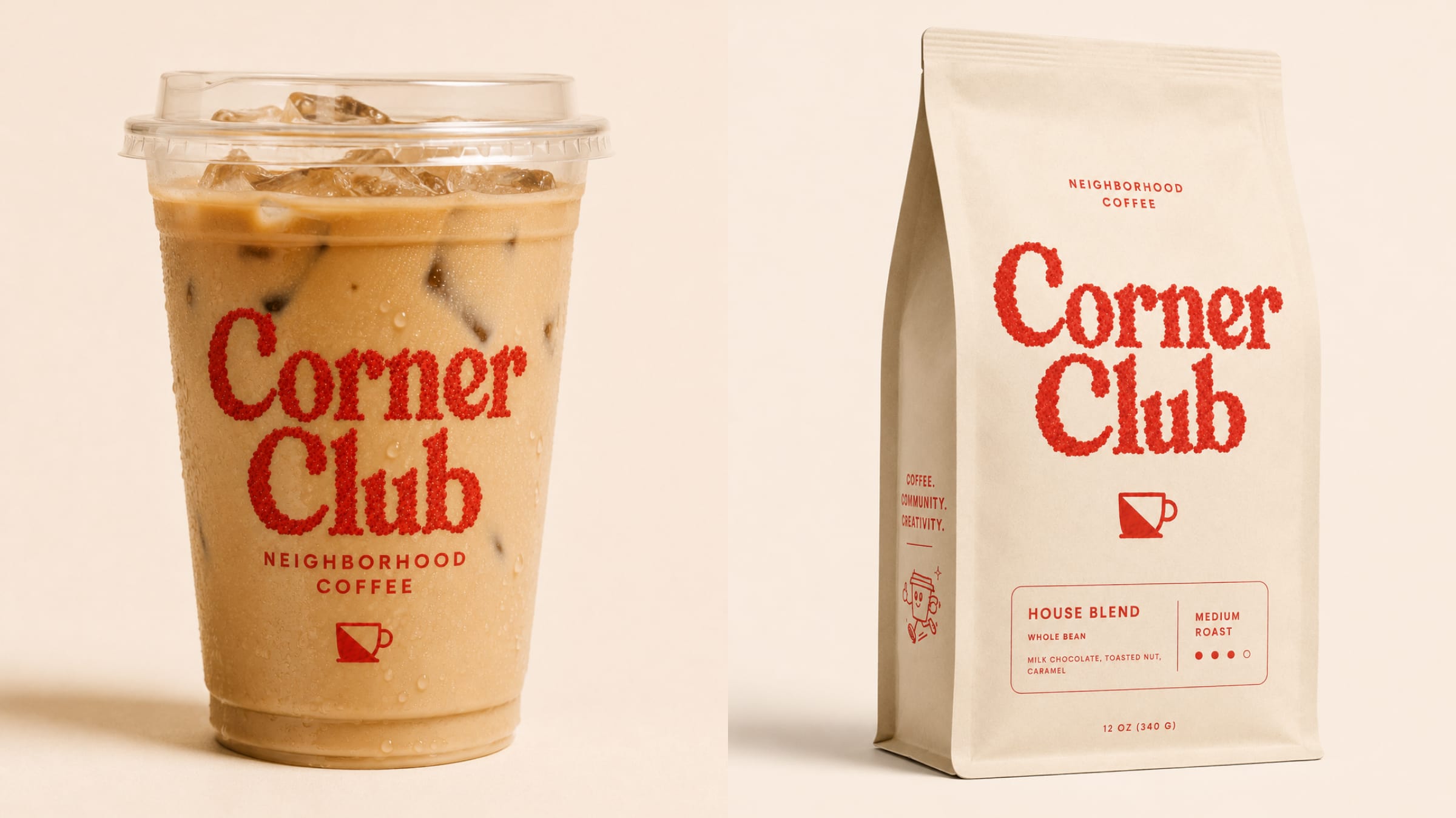An iced coffee beside a Corner Club house blend bag.