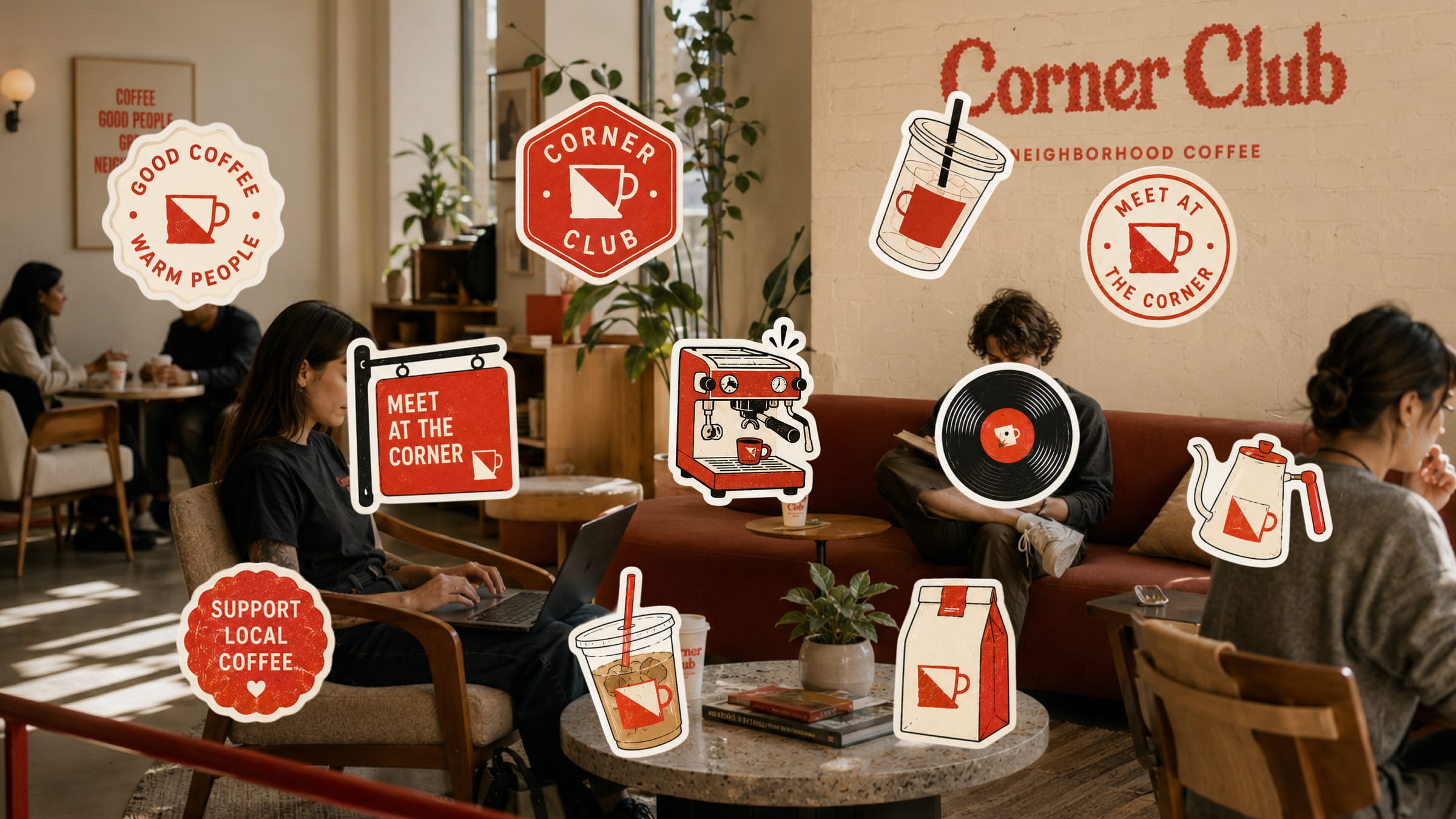 A collage of coffee-themed badges and stickers over a café interior.