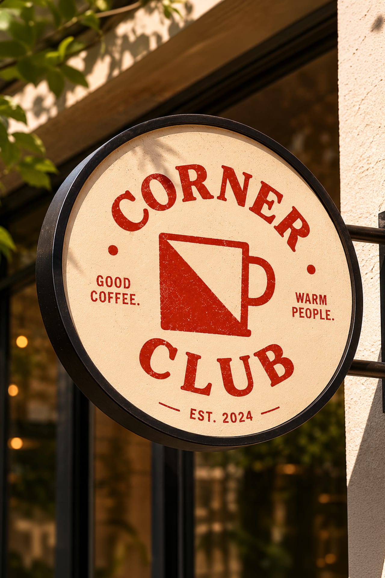 A round Corner Club sign hanging outside a storefront in sunlight.