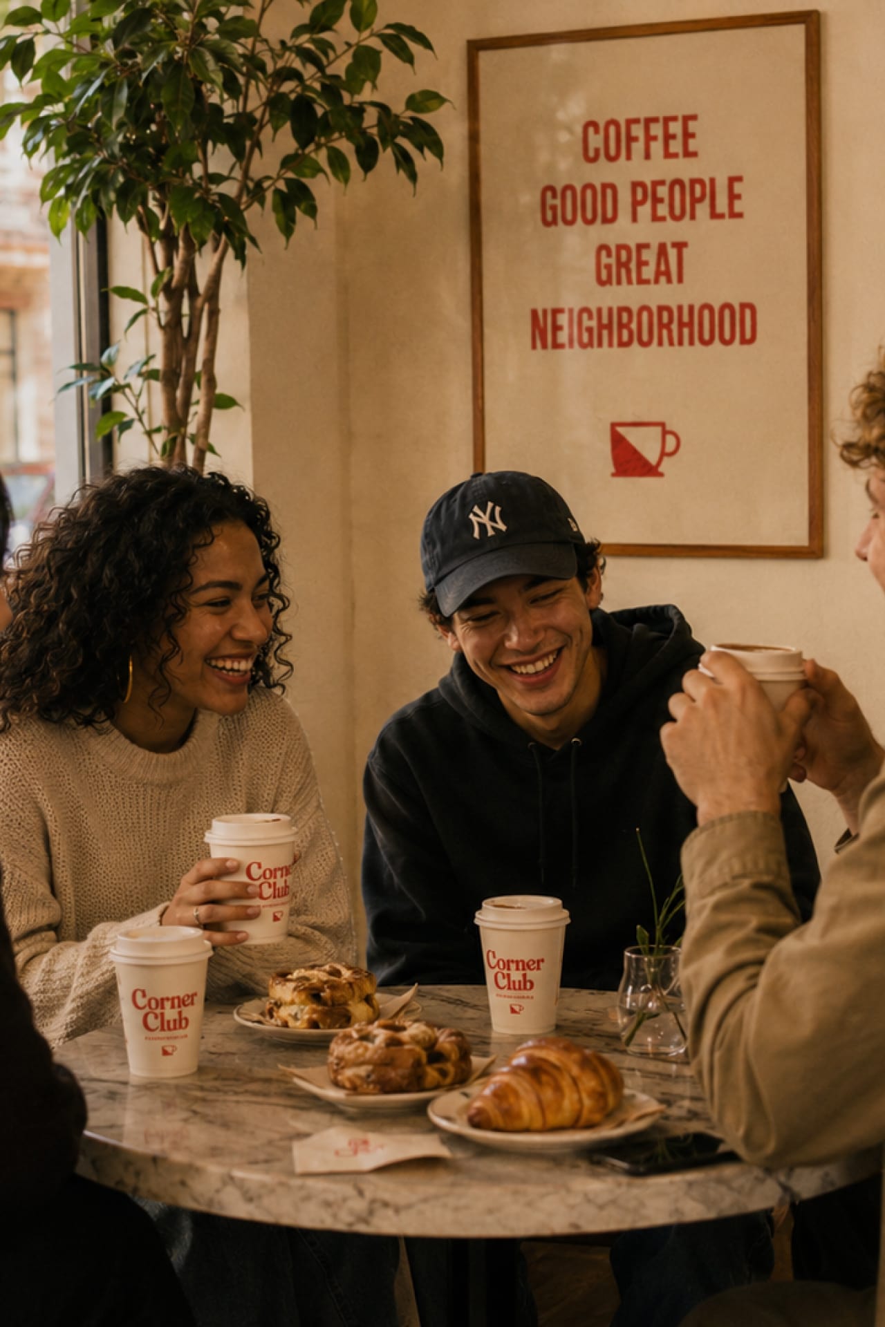 Friends laughing over coffee and pastries at a café table.