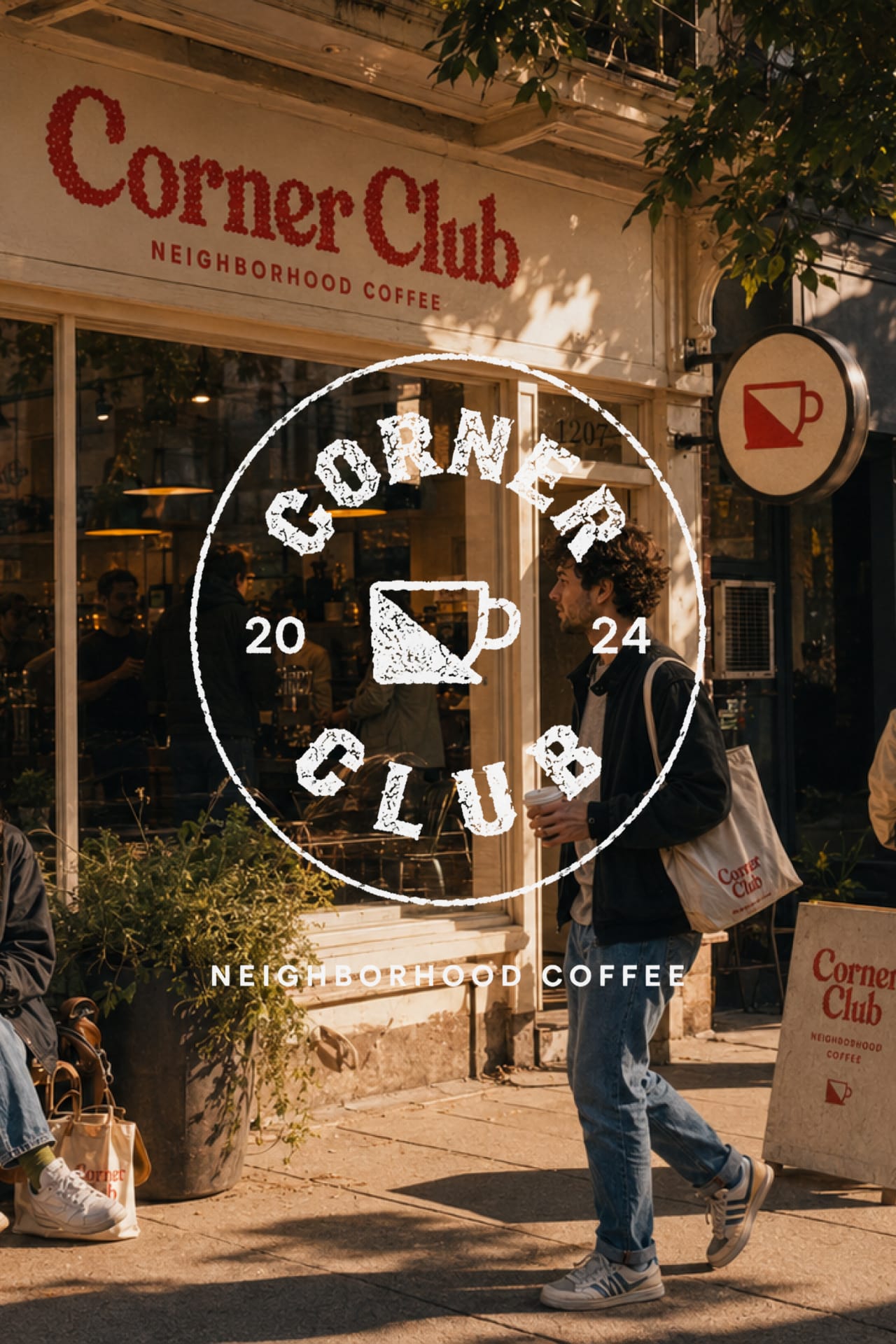 A man passes the Corner Club storefront with a stamp badge overlaid.