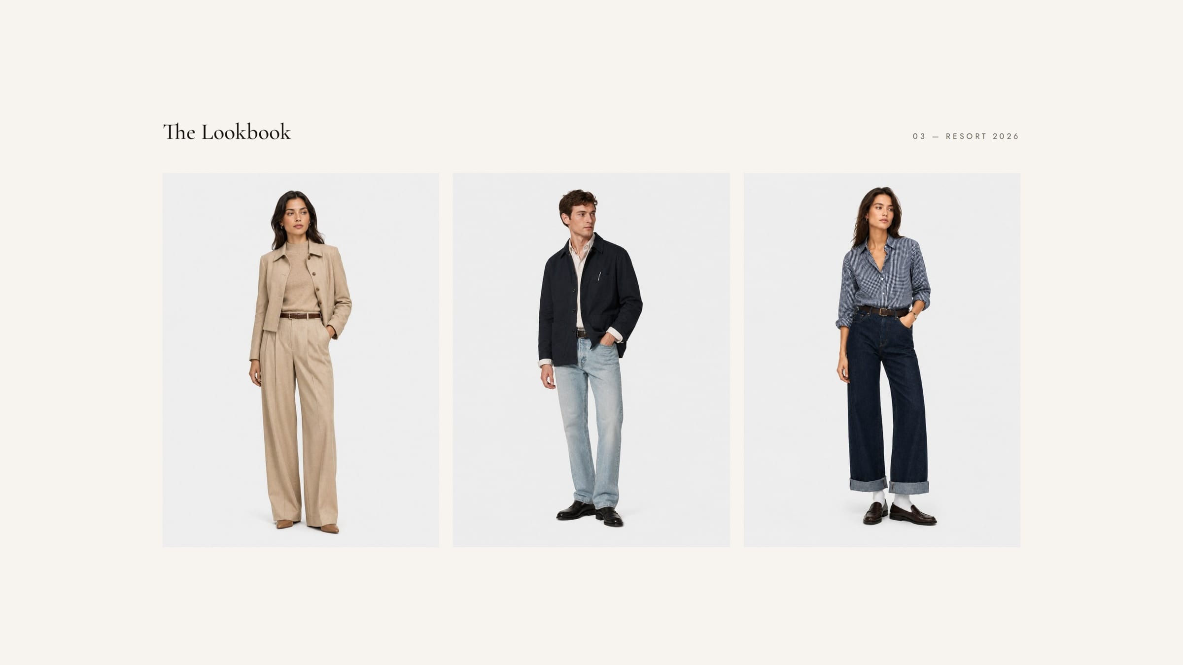 Three studio lookbook figures in tailoring against soft grey.
