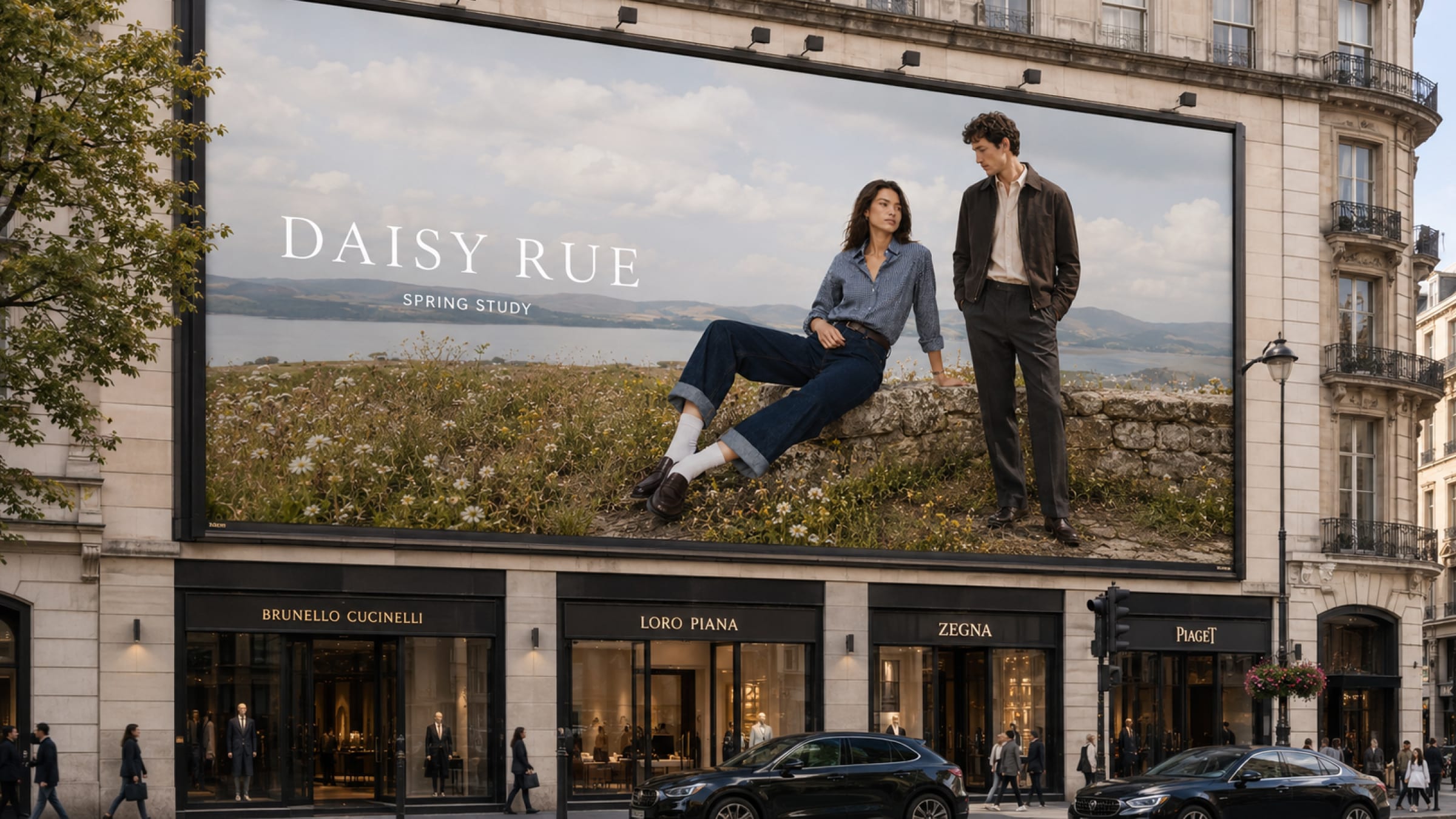 A Daisy Rue billboard above luxury storefronts on a Paris avenue.