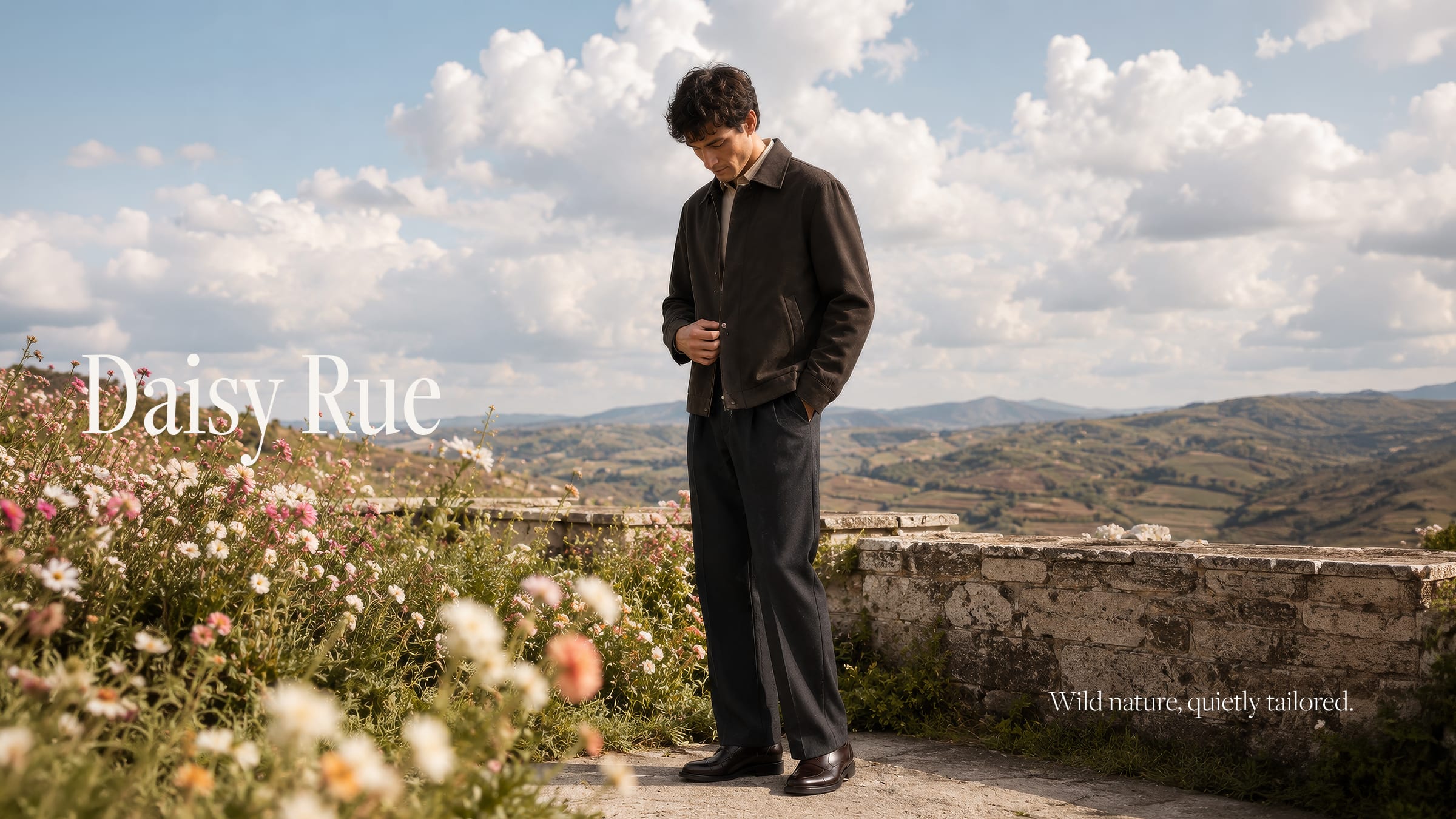 A man in tailoring on a stone terrace above rolling hills.