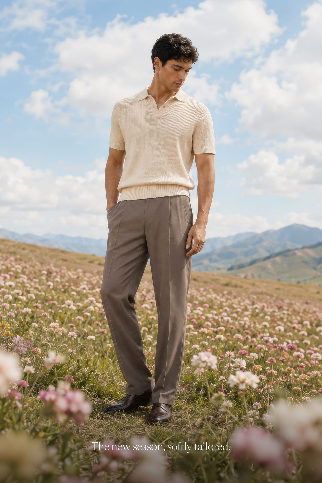 A man in a knit polo and trousers in a wildflower meadow.