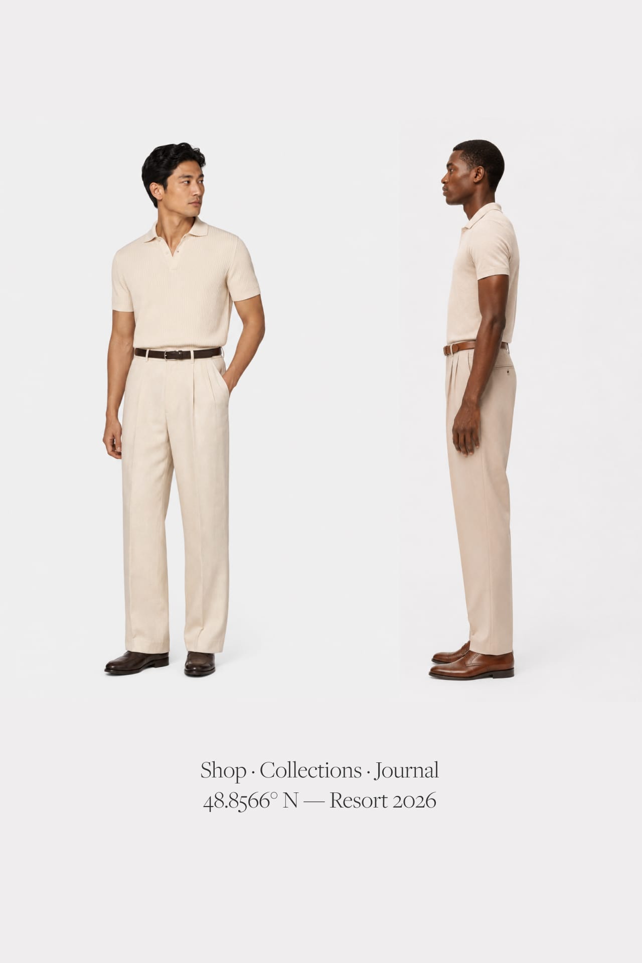 Two men in oat tailoring facing each other in studio.