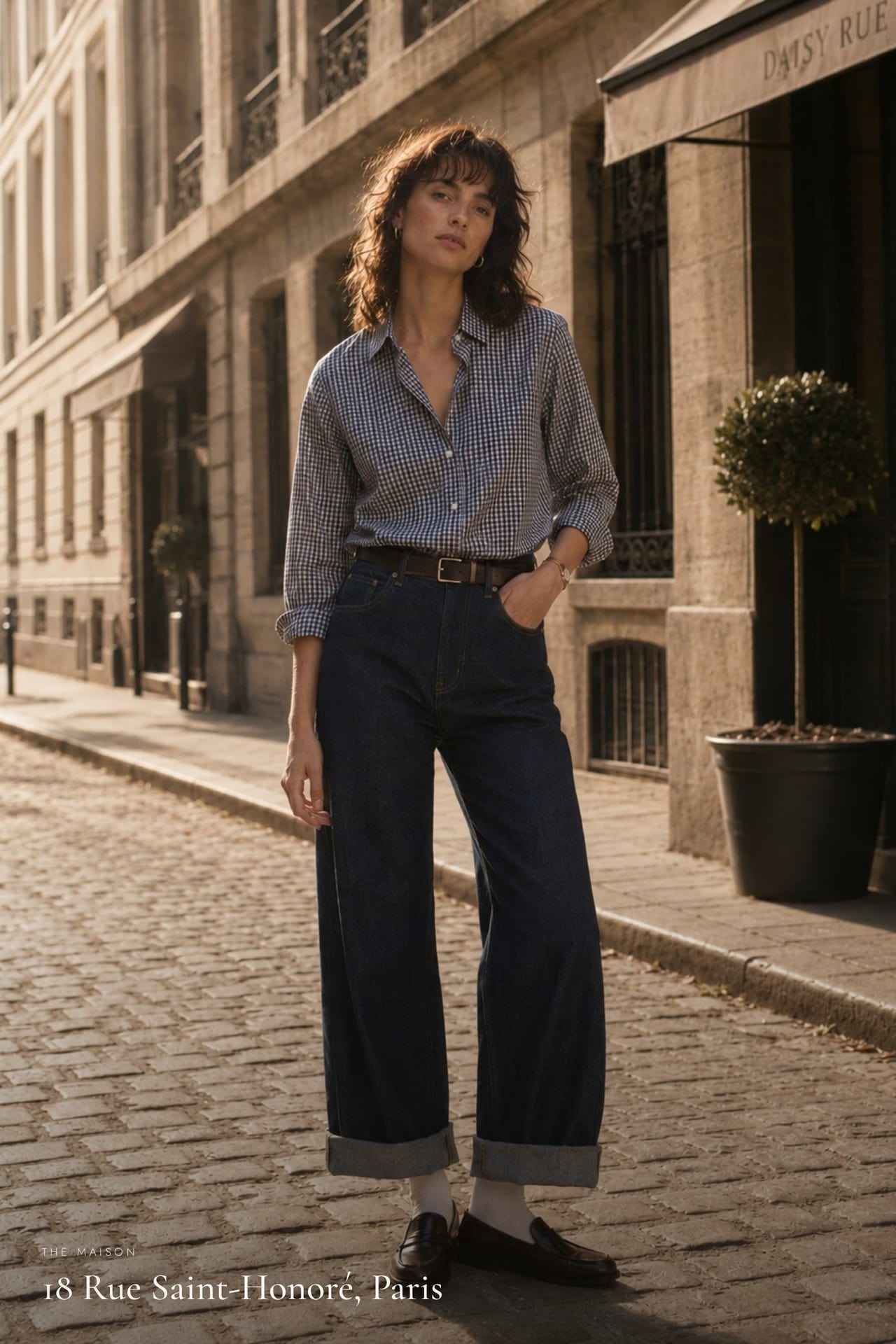 A woman in tailoring outside the Daisy Rue maison in Paris.