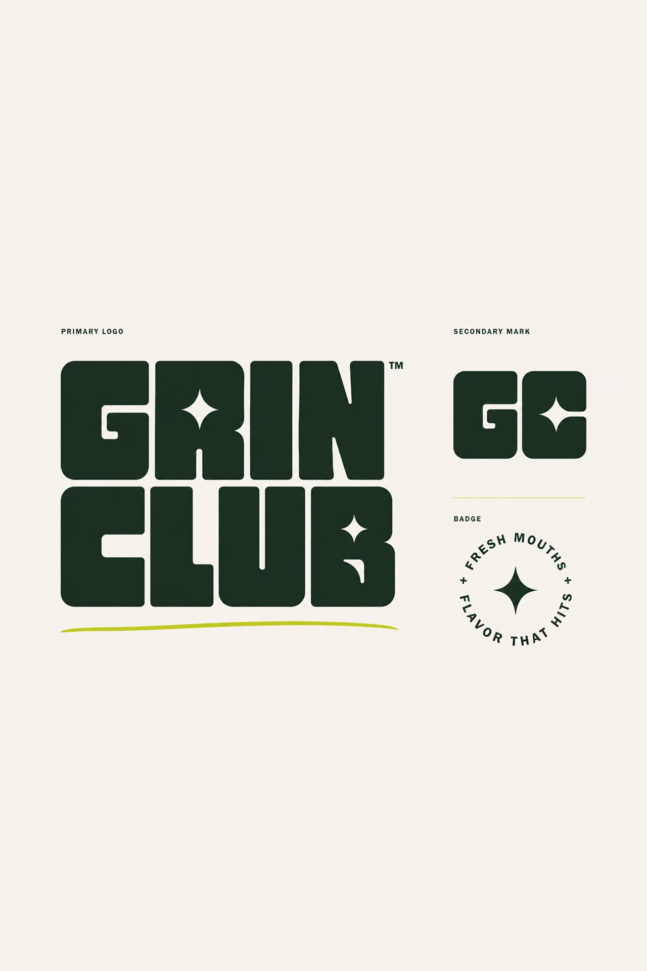 The Grin Club logo system: wordmark, GC monogram and badge.
