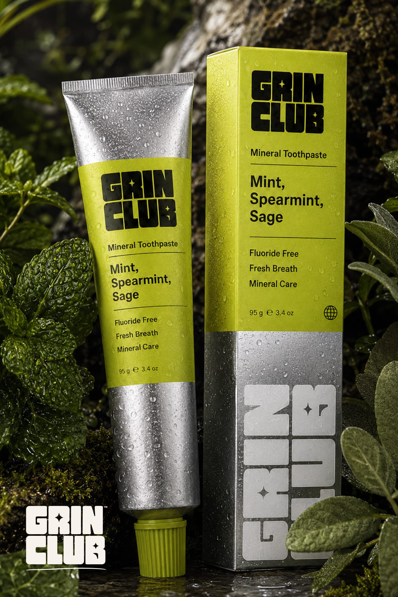 The lime Mint tube and box beaded with water among herbs.