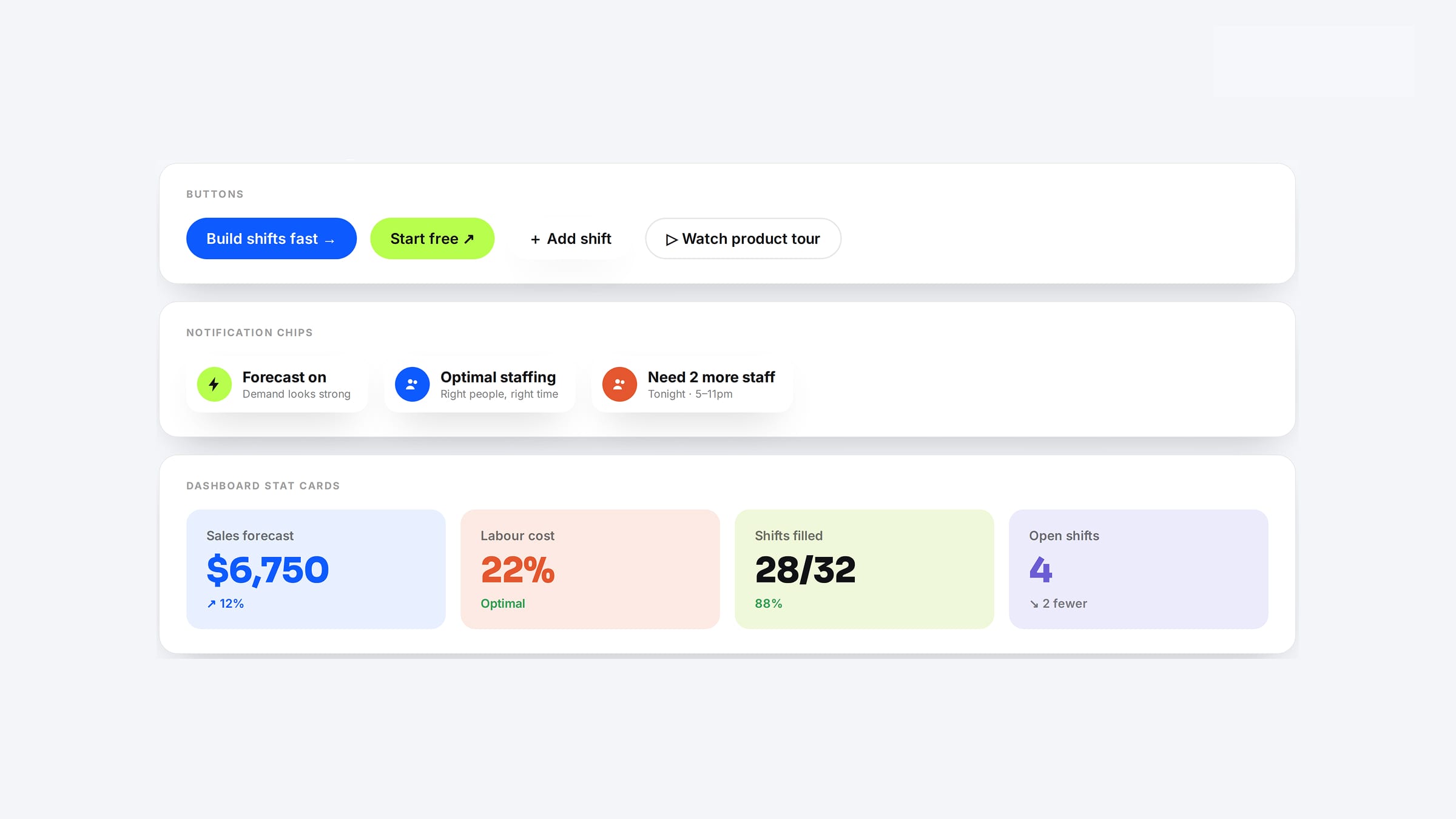 Mira interface components — buttons, notification chips and stat cards.