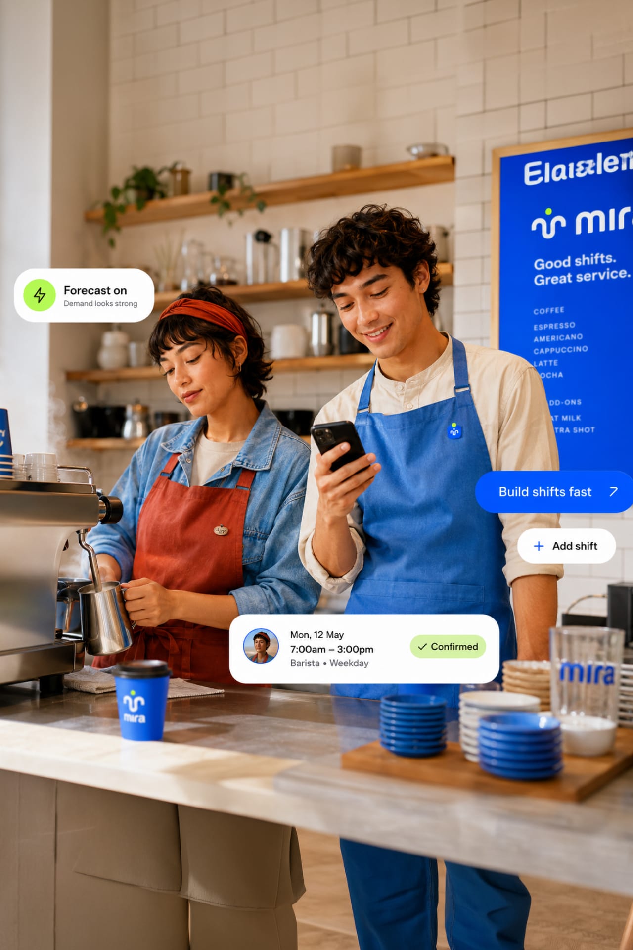 Two café staff at the counter with Mira app cards floating around them.