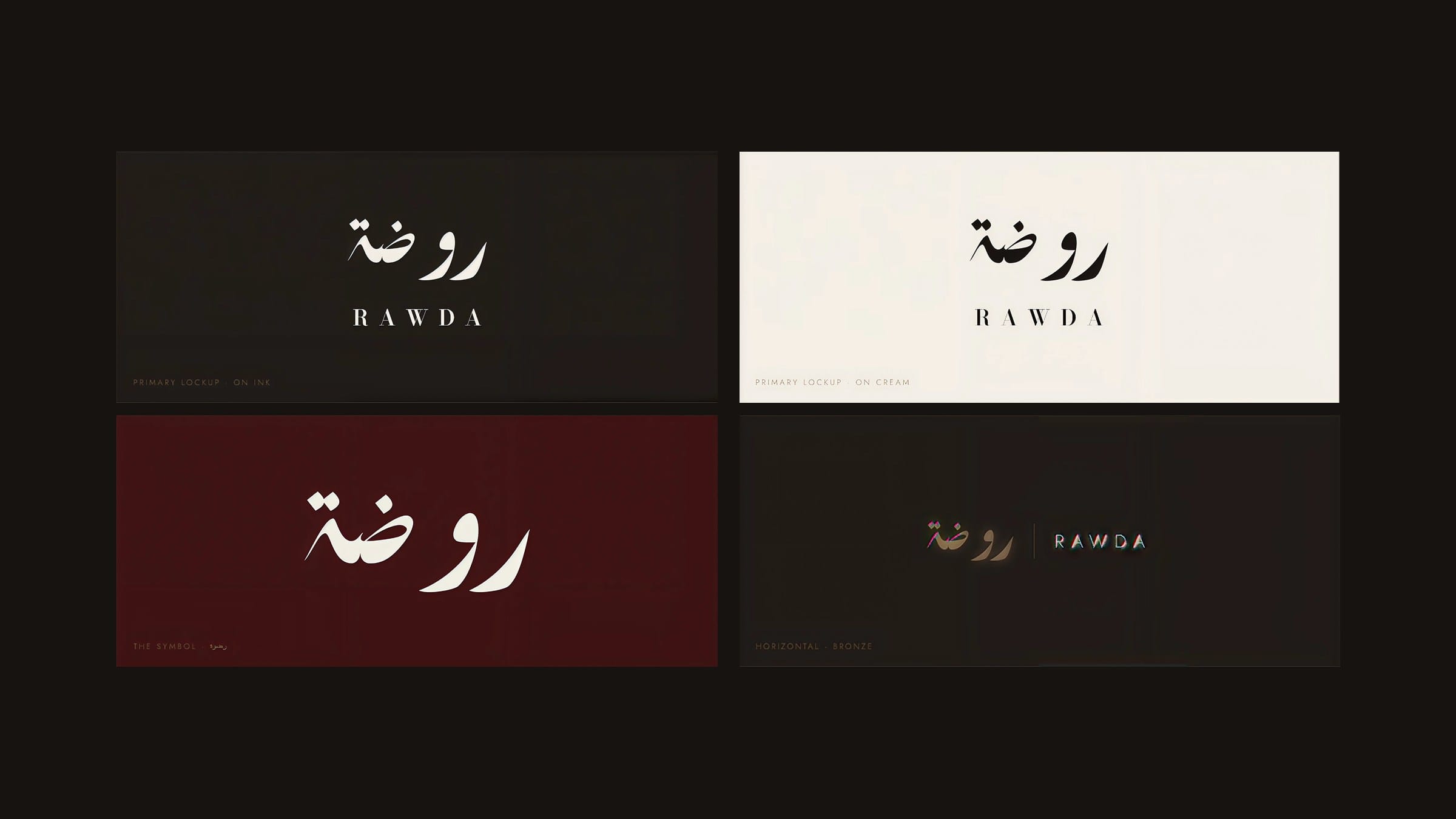 The Rawda lockup shown on ink, cream, oxblood and bronze.