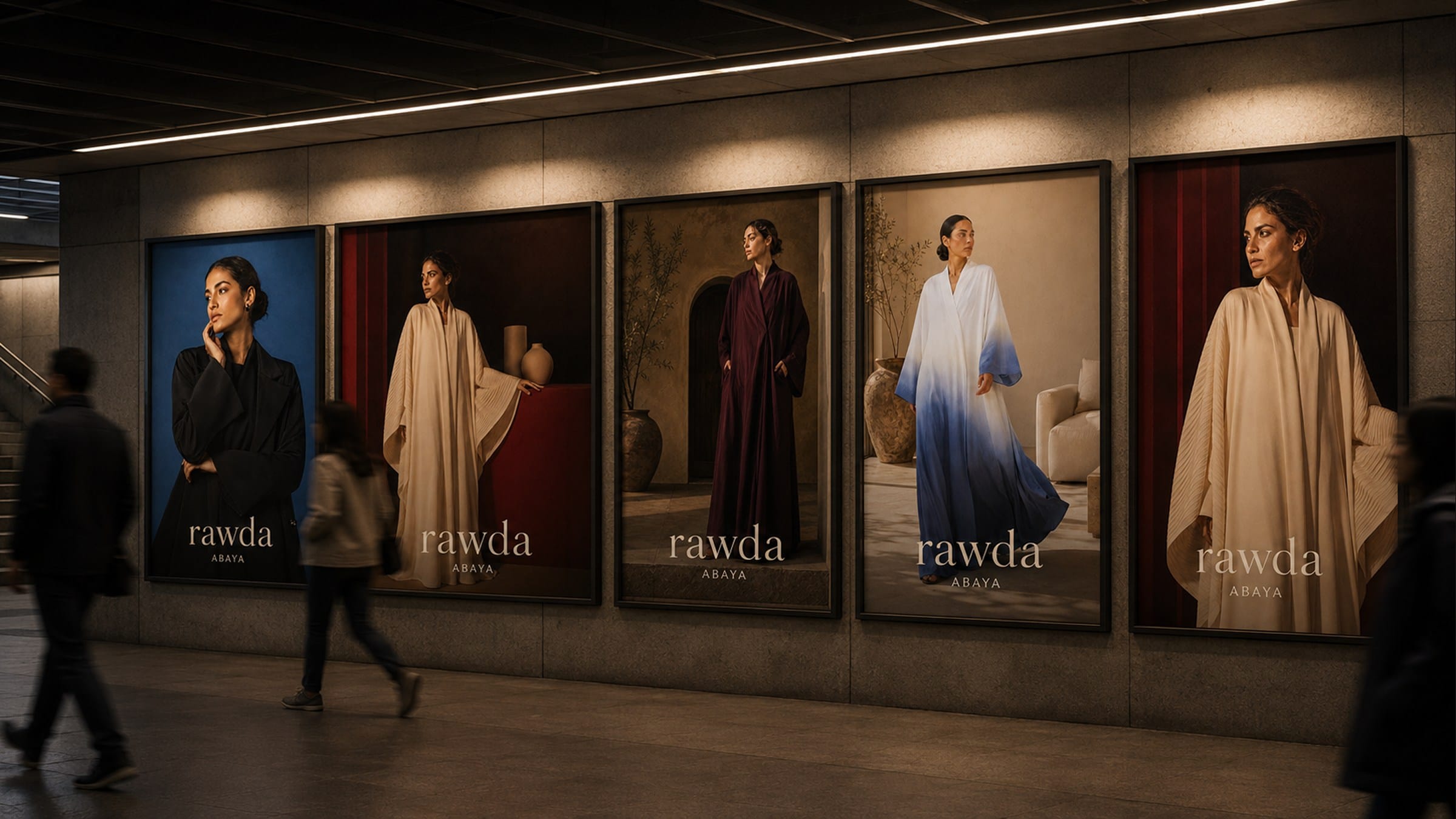 Backlit Rawda campaign posters lining an underground walkway.