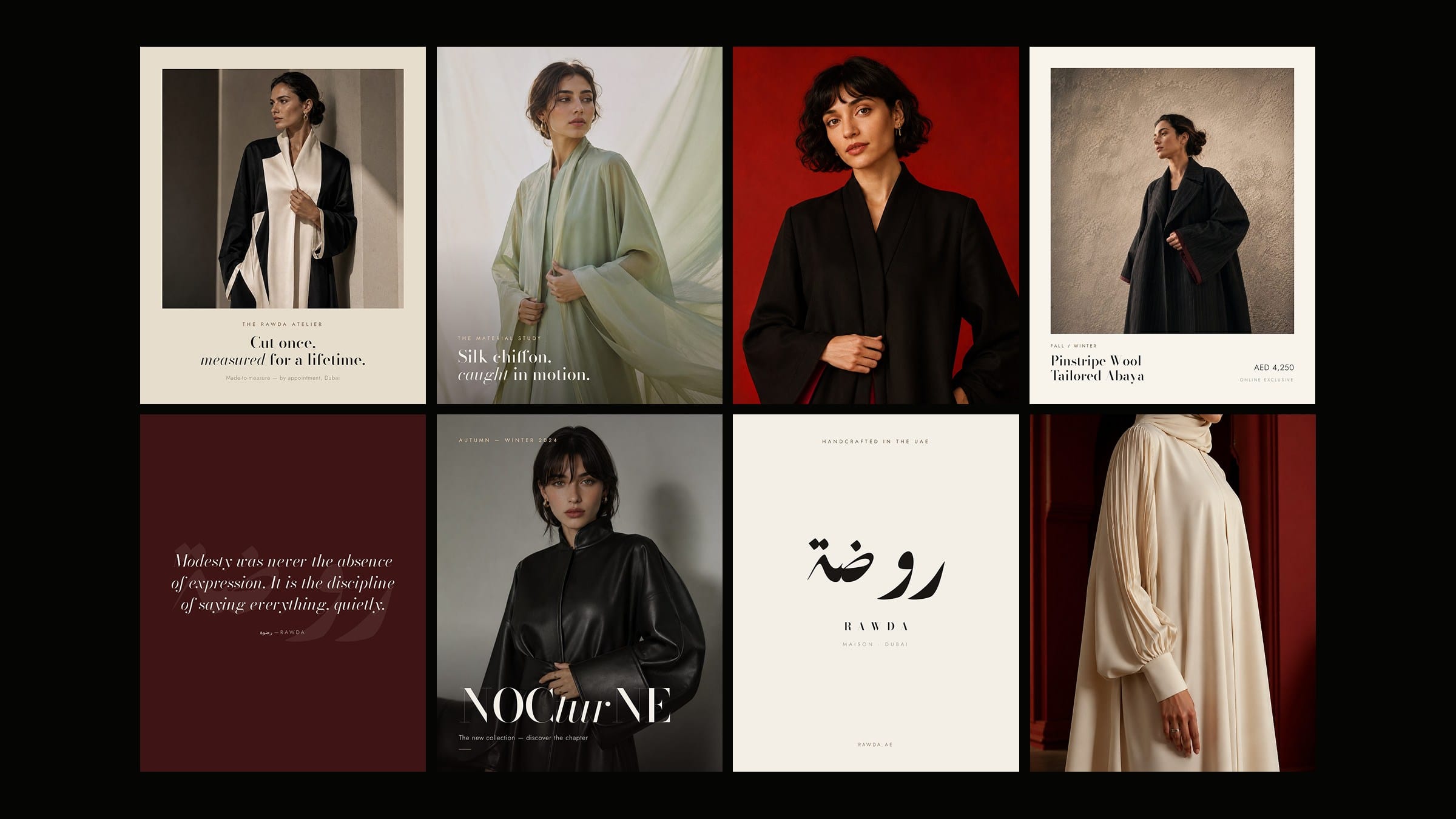 A grid of Rawda campaign studies, garments and typography.