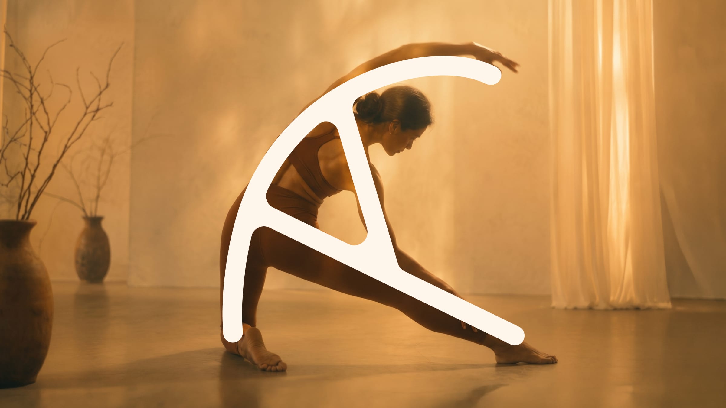 The tapered line-mark drawn over a woman's amber-lit side-bend.