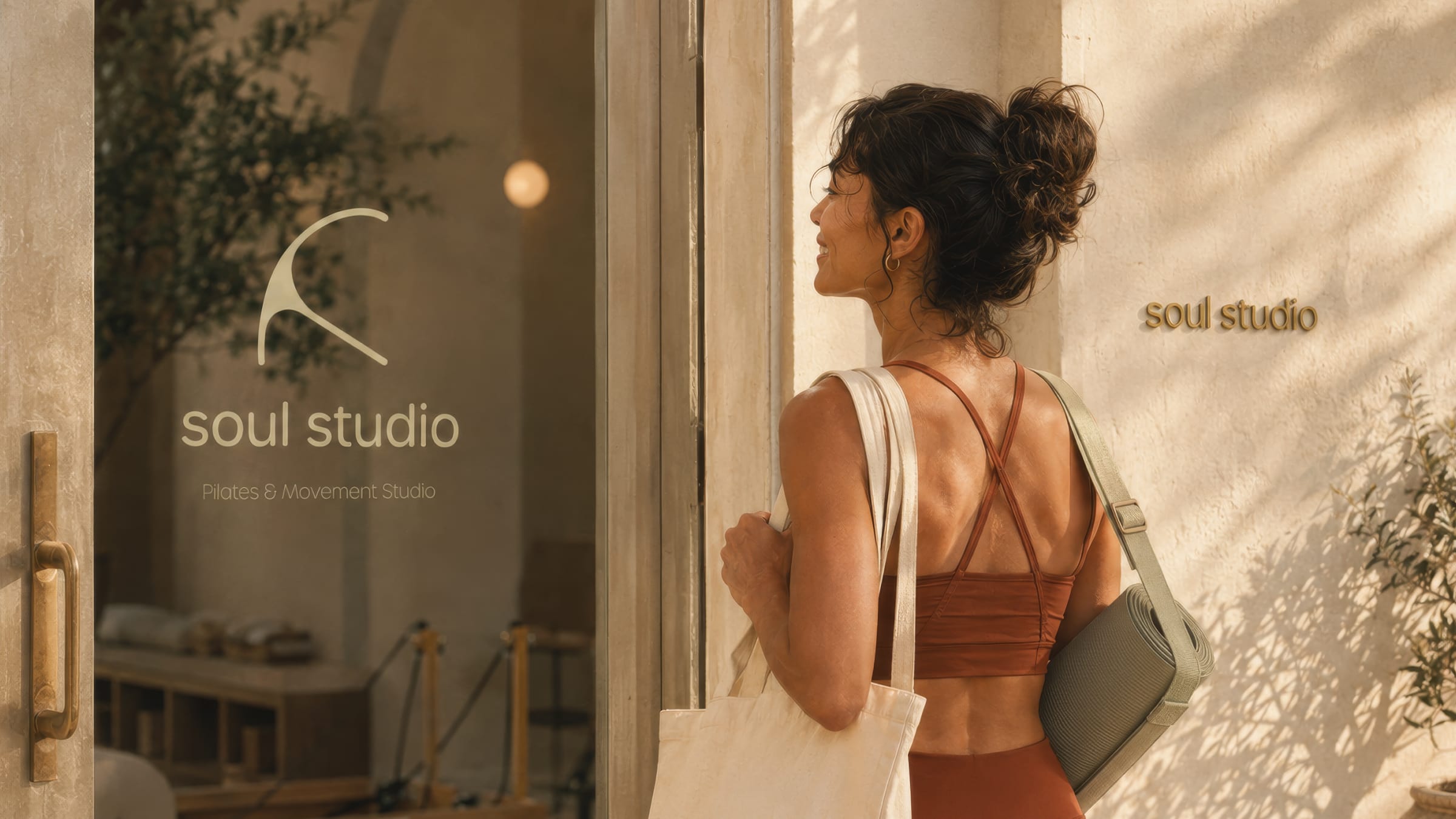 A woman entering the Soul Studio storefront past its etched signage.