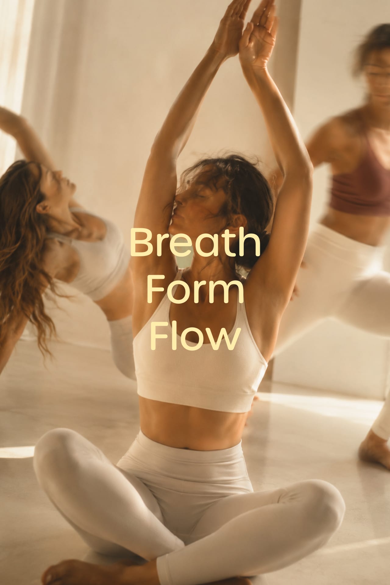 A seated woman reaching overhead, captioned Breath, Form, Flow.