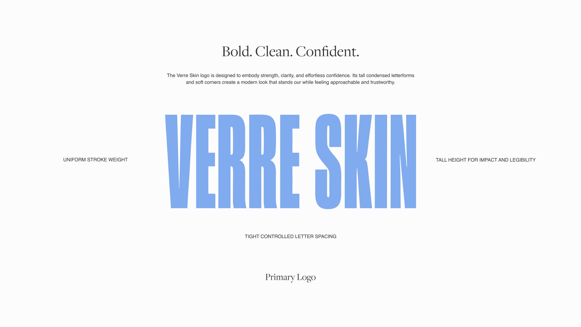 The Verre Skin wordmark blown up in blue with logo annotations.