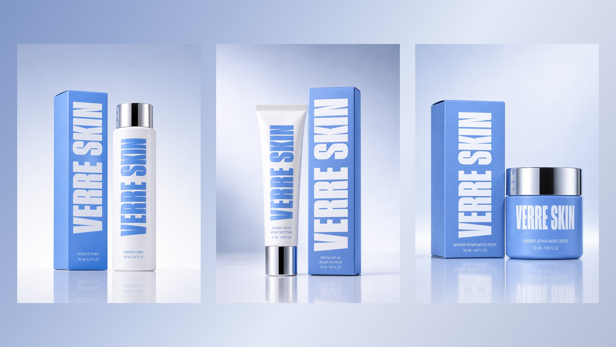 Three Verre Skin products paired with their boxes on a blue backdrop.