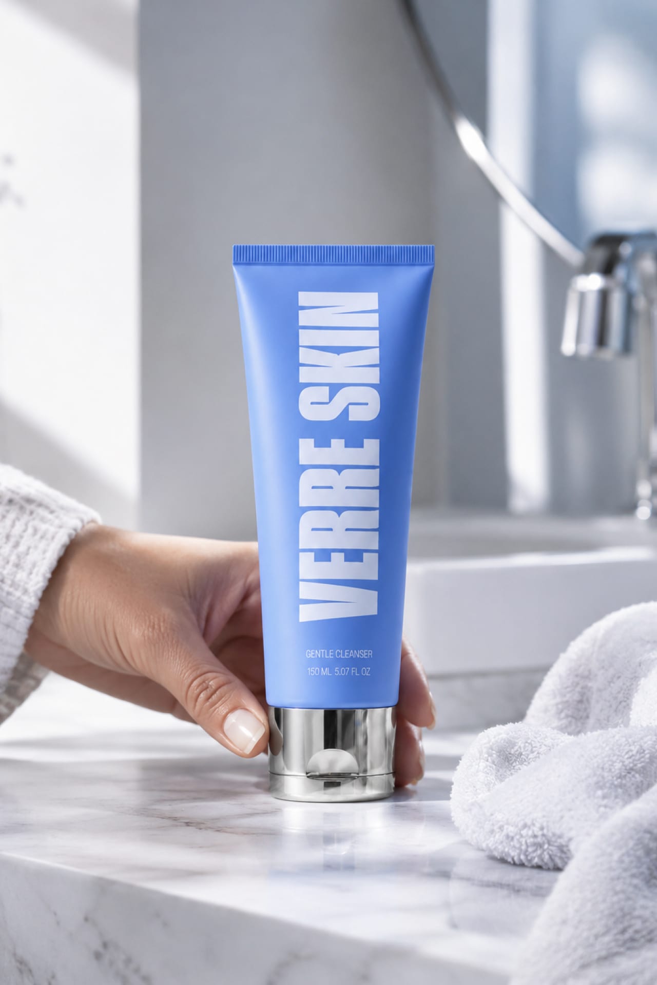 A hand holding the Verre Skin cleanser on a bathroom counter.