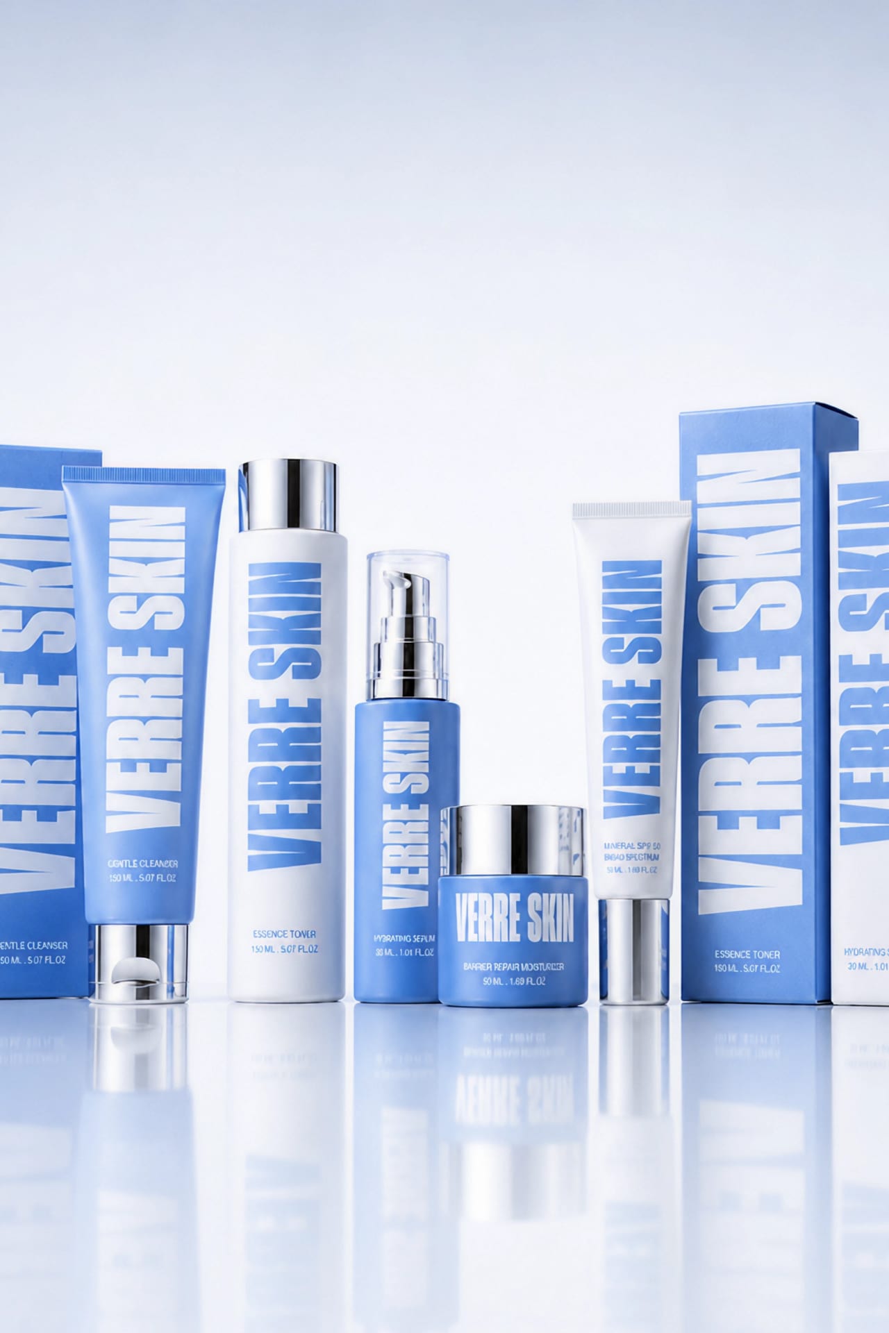 The full Verre Skin range lined up with their boxes.