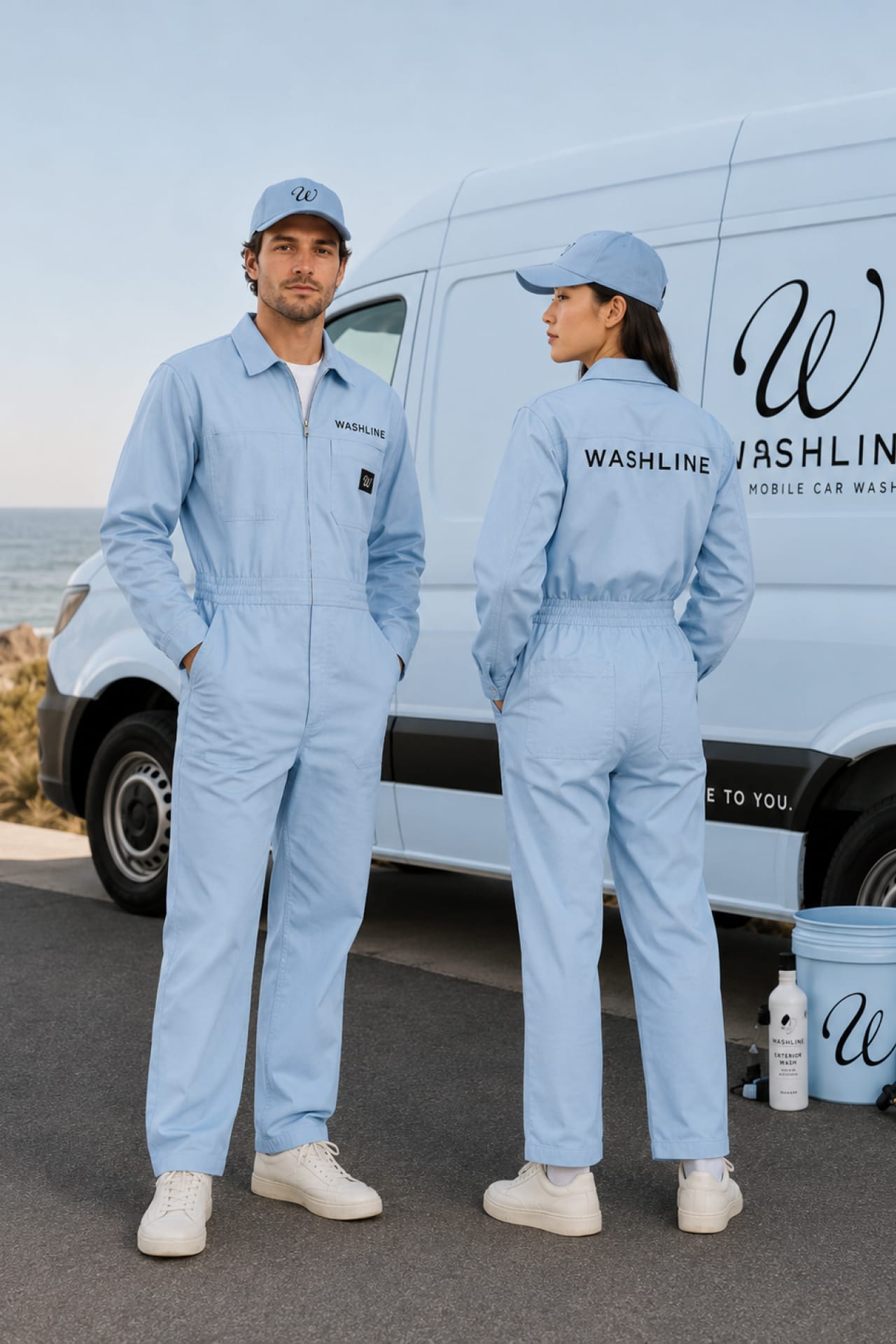 Two Washline staff in powder-blue boiler suits beside the van.