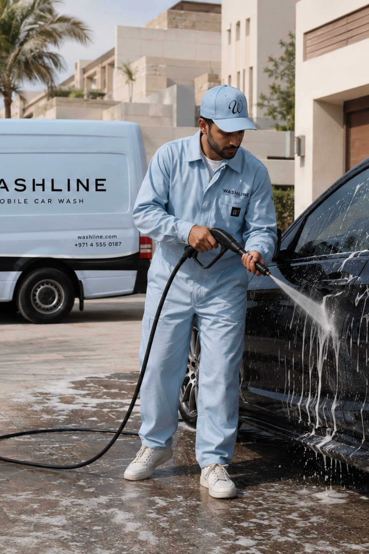 A valet in uniform holding a pressure hose and blue microfibre towel.