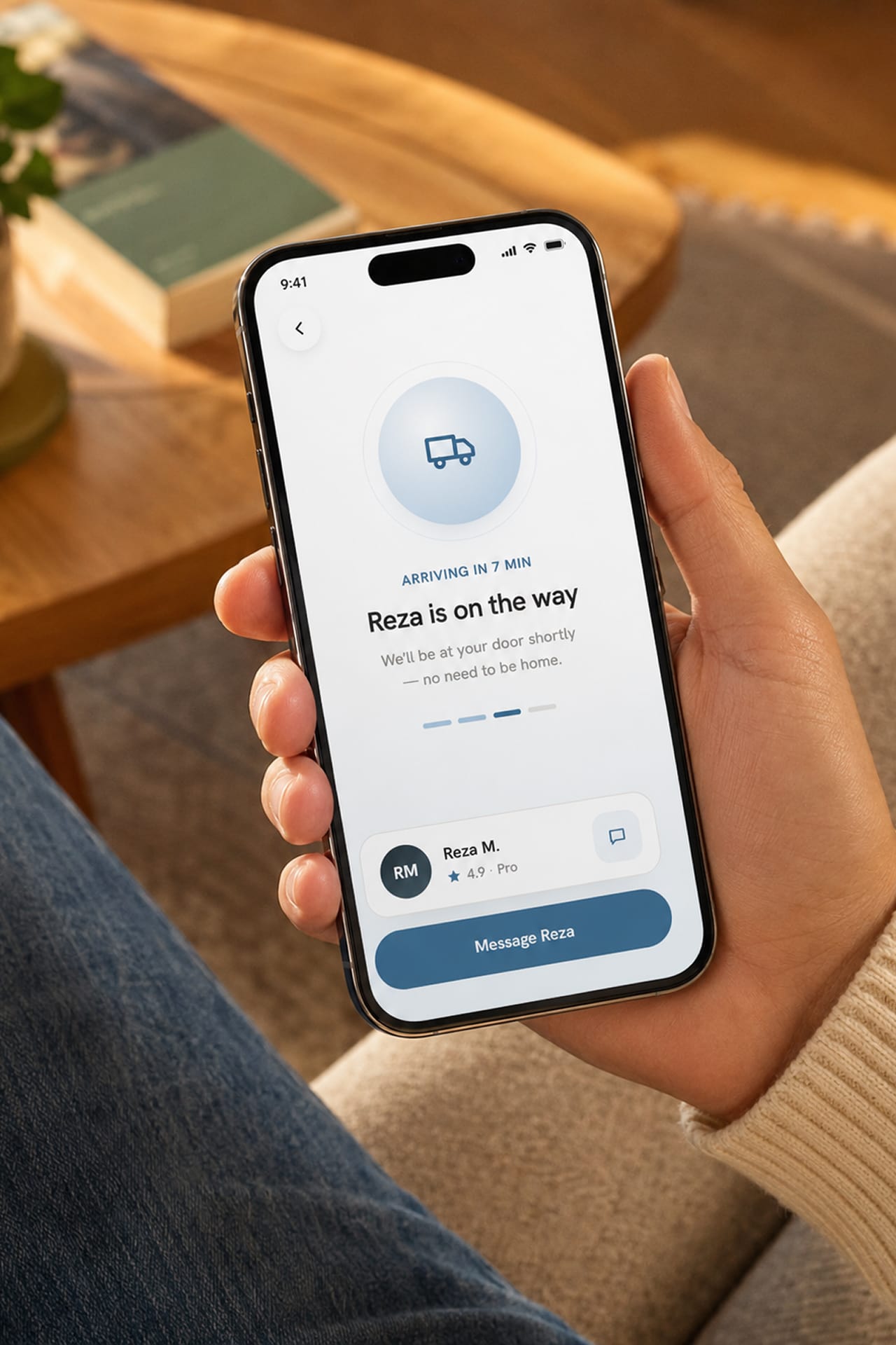 The app screen showing "Reza is on the way" and arrival time.